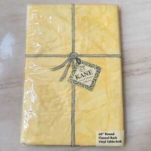 KANE 60” Round Flannel Back Vinyl Tablecloth Yellow Marbled Pattern New